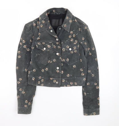 AllSaints Womens Grey Floral Lamb Leather Cropped Biker Jacket Size 6