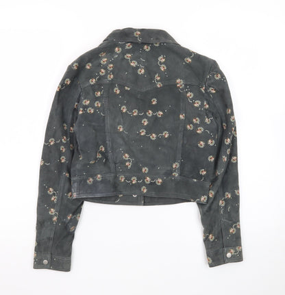 AllSaints Womens Grey Floral Lamb Leather Cropped Biker Jacket Size 6