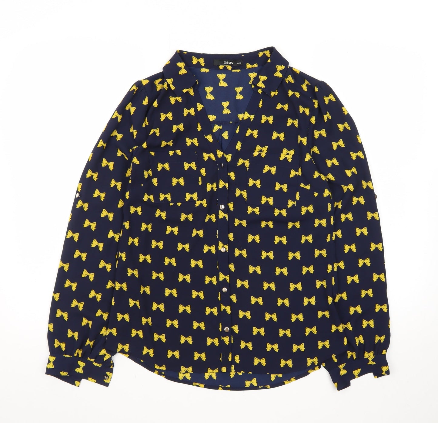 Oasis Women's Blue Bow Print Long Sleeve Blouse Size 10