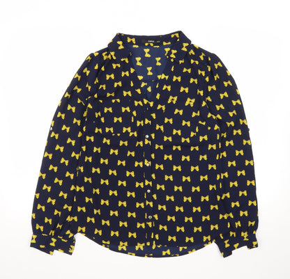 Oasis Women's Blue Bow Print Long Sleeve Blouse Size 10