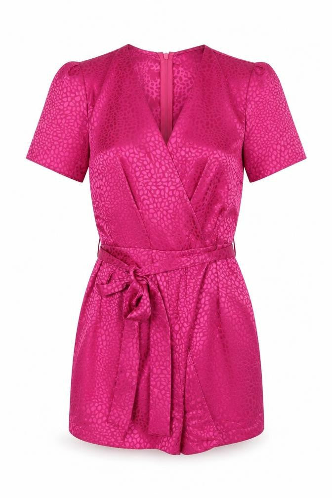 Front view of Nobody's Child Women's Pink Wrap Dress, size 8, Satin Short Sleeve