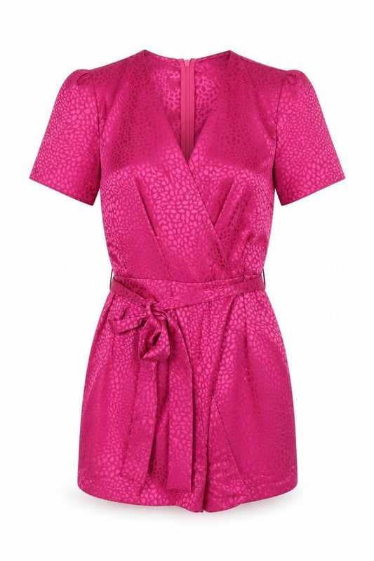 Front view of Nobody's Child Women's Pink Wrap Dress, size 8, Satin Short Sleeve