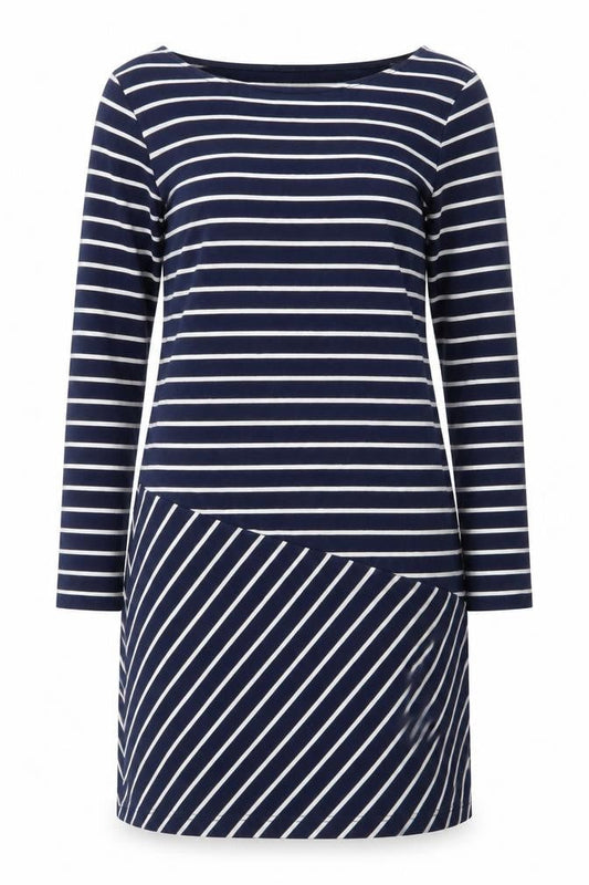 Front view of French Connection Women Blue Striped Shift Dress, size 10