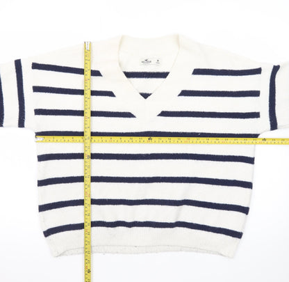Hollister Women's White Navy Striped V-Neck Knit Jumper M