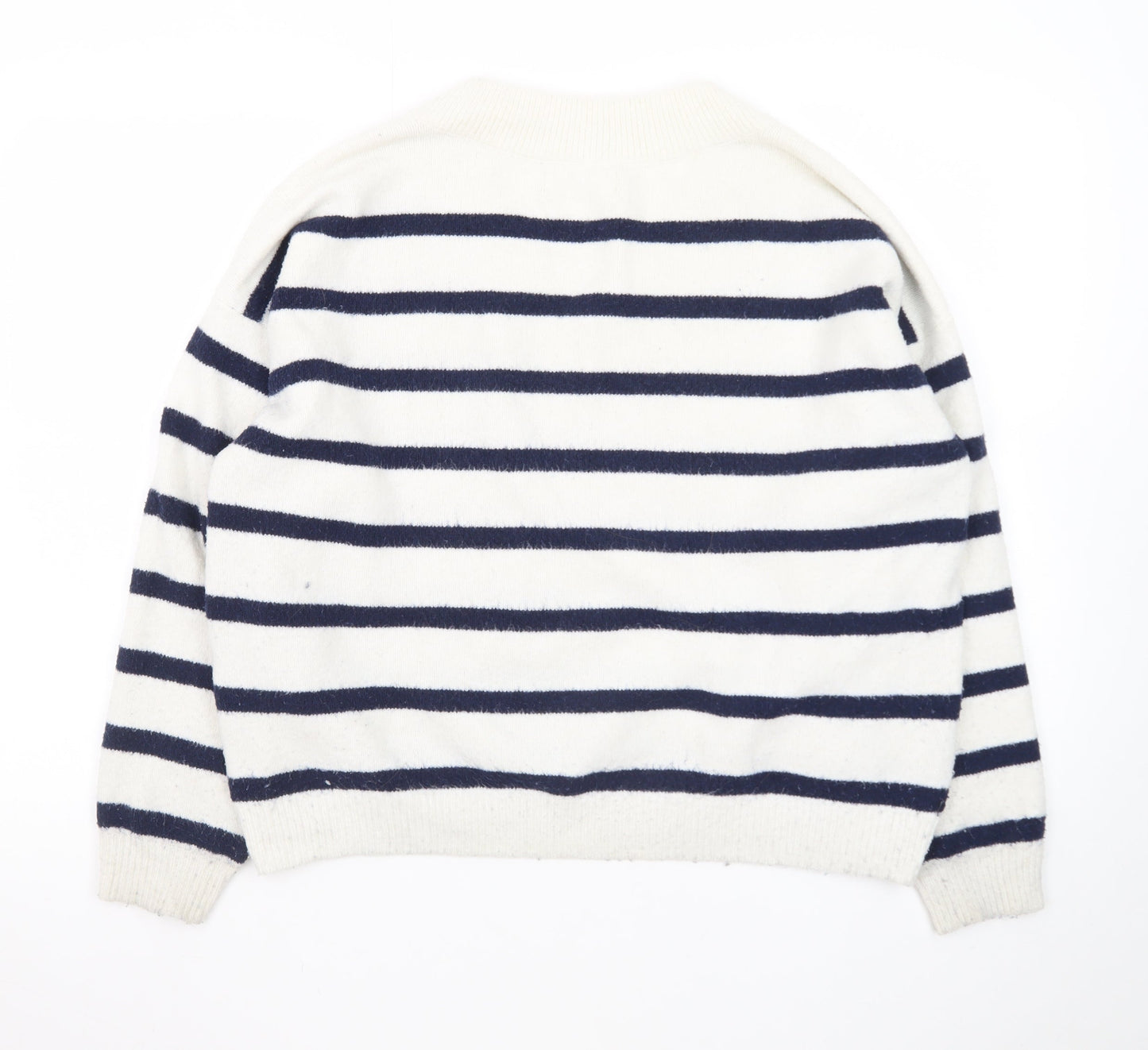 Hollister Women's White Navy Striped V-Neck Knit Jumper M
