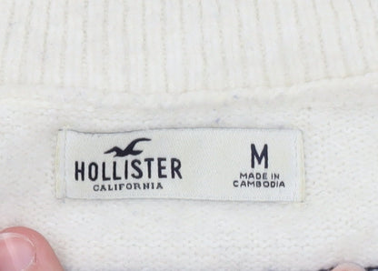Hollister Women's White Navy Striped V-Neck Knit Jumper M