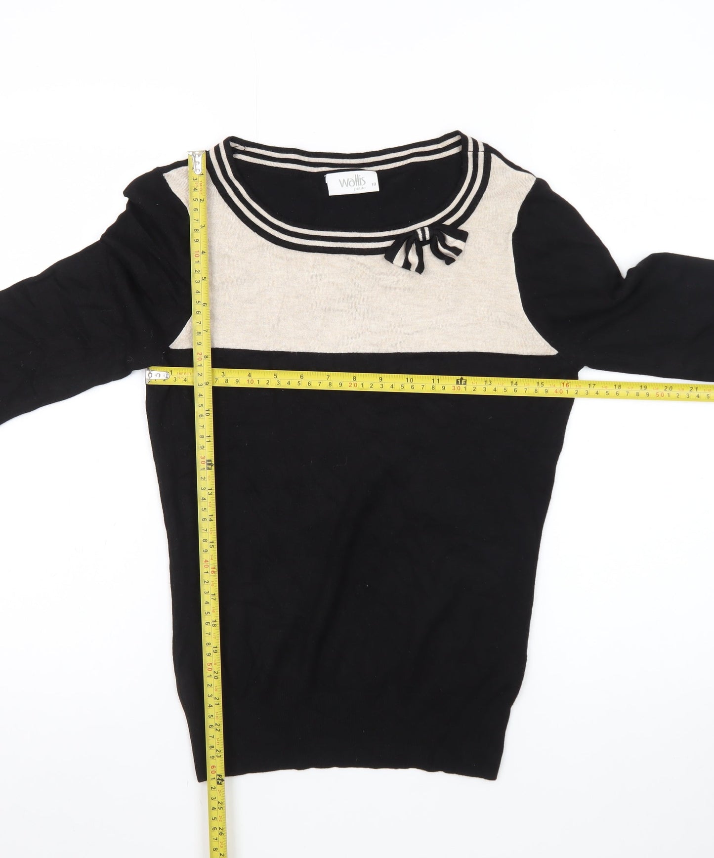 Wallis Women Black Beige Bow Knit Petite Jumper Size 10