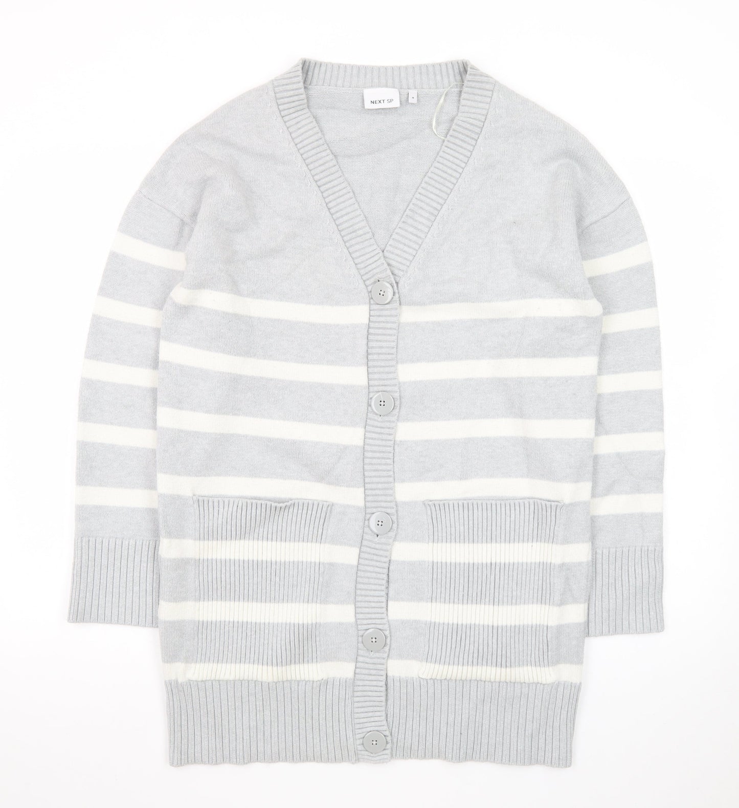 Next Women’s Grey Striped Cardigan Size M V-Neck Knit