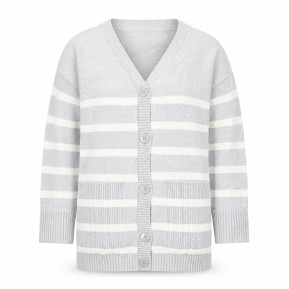 Next Women’s Grey Striped Cardigan Size M V-Neck Knit