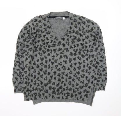 Mint Velvet Women’s Grey Leopard Print Wool Cashmere V-Neck Jumper Size S