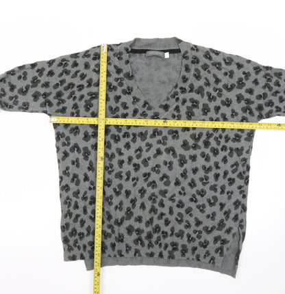 Mint Velvet Women’s Grey Leopard Print Wool Cashmere V-Neck Jumper Size S