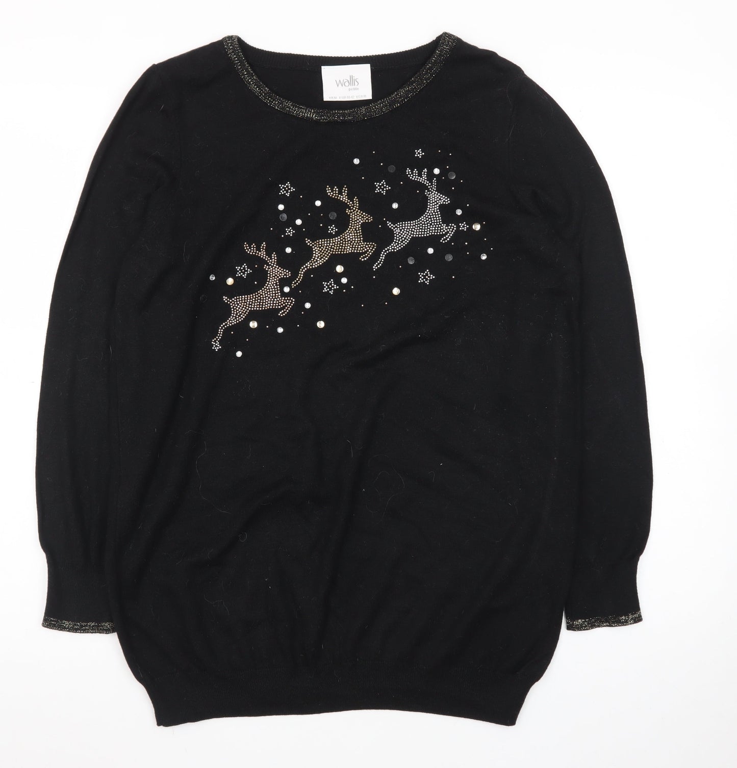 Wallis Women’s Black Petite Christmas Jumper M Rhinestone Reindeer