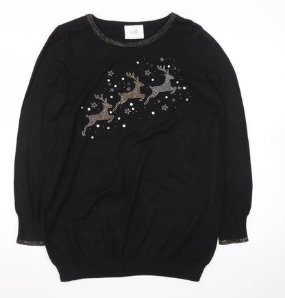 Wallis Women’s Black Petite Christmas Jumper M Rhinestone Reindeer