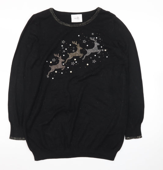 Wallis Women’s Black Petite Christmas Jumper M Rhinestone Reindeer