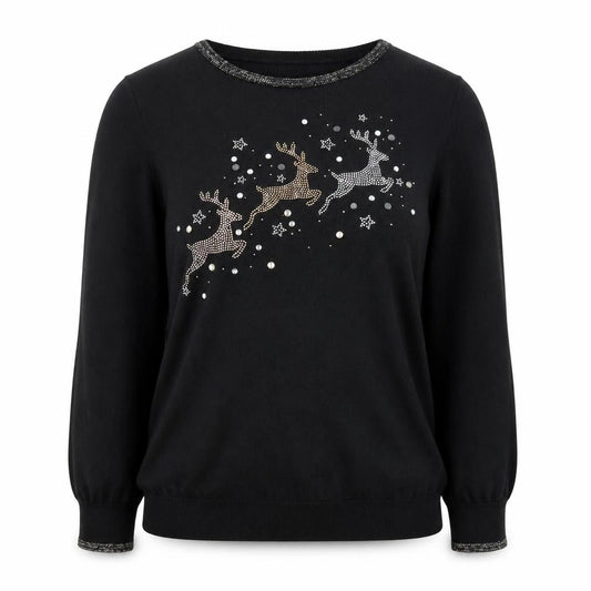 Wallis Women’s Black Petite Christmas Jumper M Rhinestone Reindeer