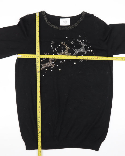Wallis Women’s Black Petite Christmas Jumper M Rhinestone Reindeer