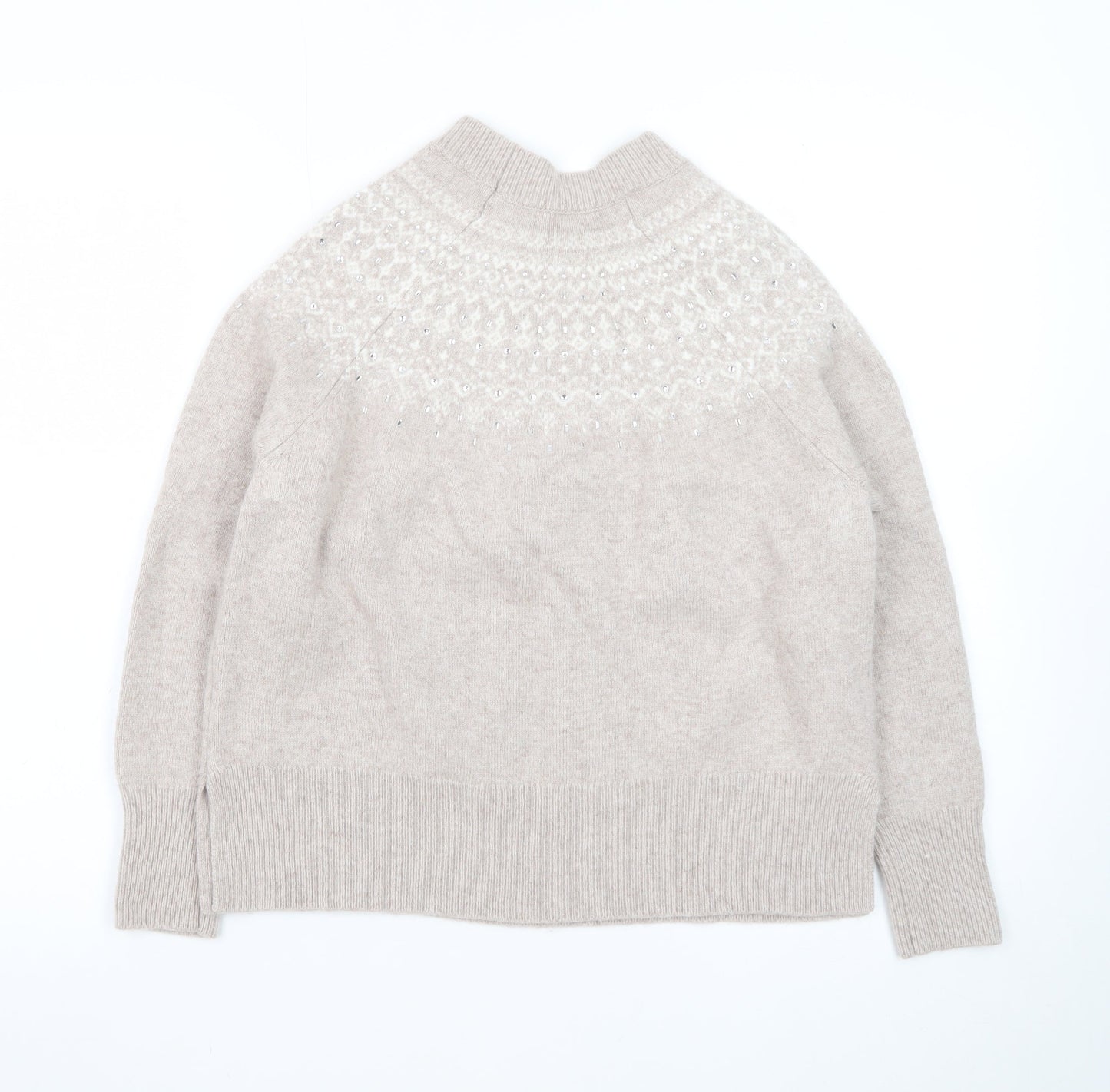 The White Company Women Beige Fair Isle Wool Cashmere Pullover Jumper M