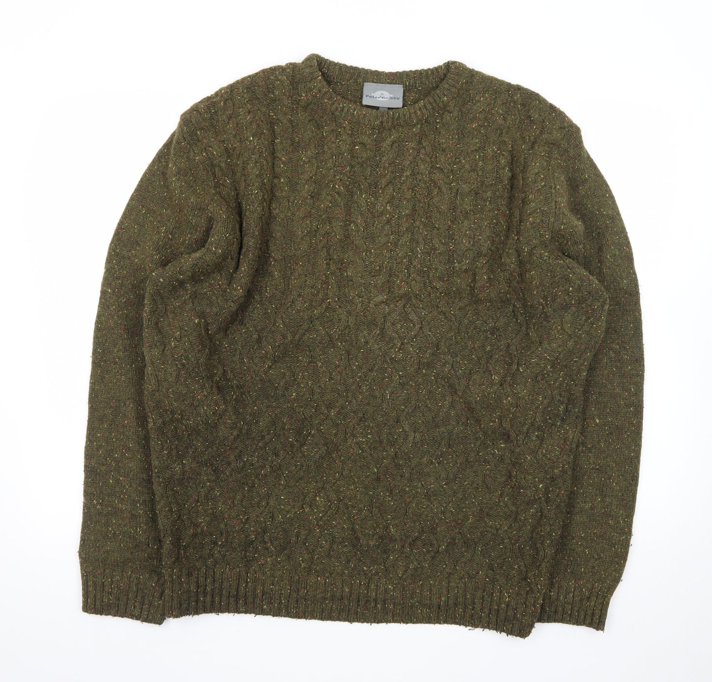 Peter Gribby Men’s Green Lambswool Cable Knit Crew Neck Jumper XL
