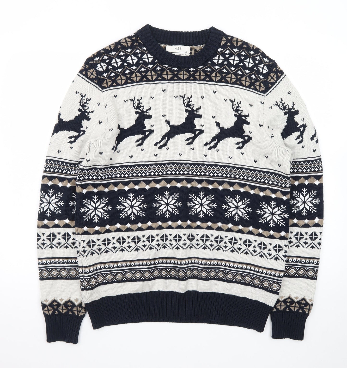 Marks and Spencer Men's Blue Fair Isle Christmas Cotton Jumper M