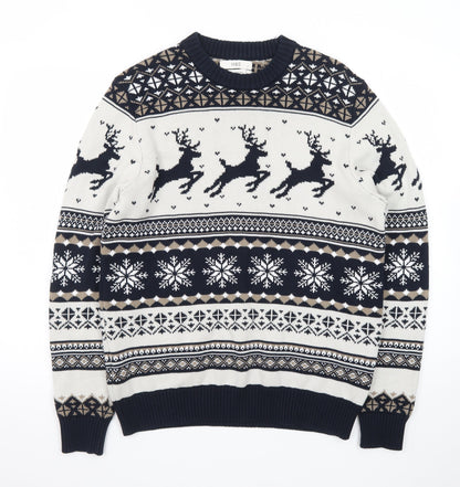Marks and Spencer Men's Blue Fair Isle Christmas Cotton Jumper M
