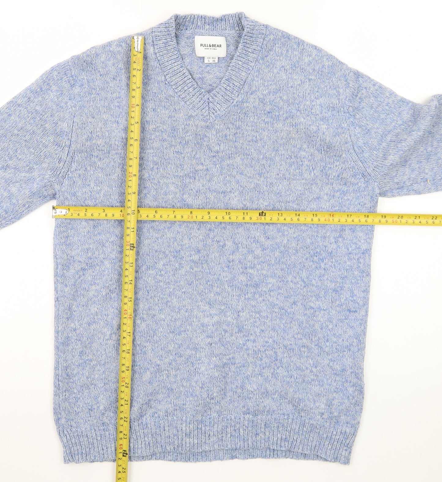 Pull & Bear Men’s Blue V-Neck Wool Blend Knit Jumper Size S