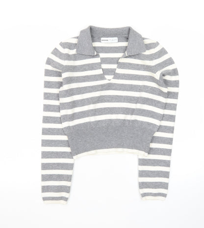 Bershka Women Grey Striped Collared Long Sleeve Pullover Jumper L