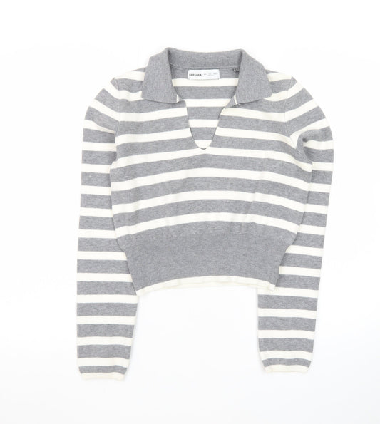 Bershka Women Grey Striped Collared Long Sleeve Pullover Jumper L