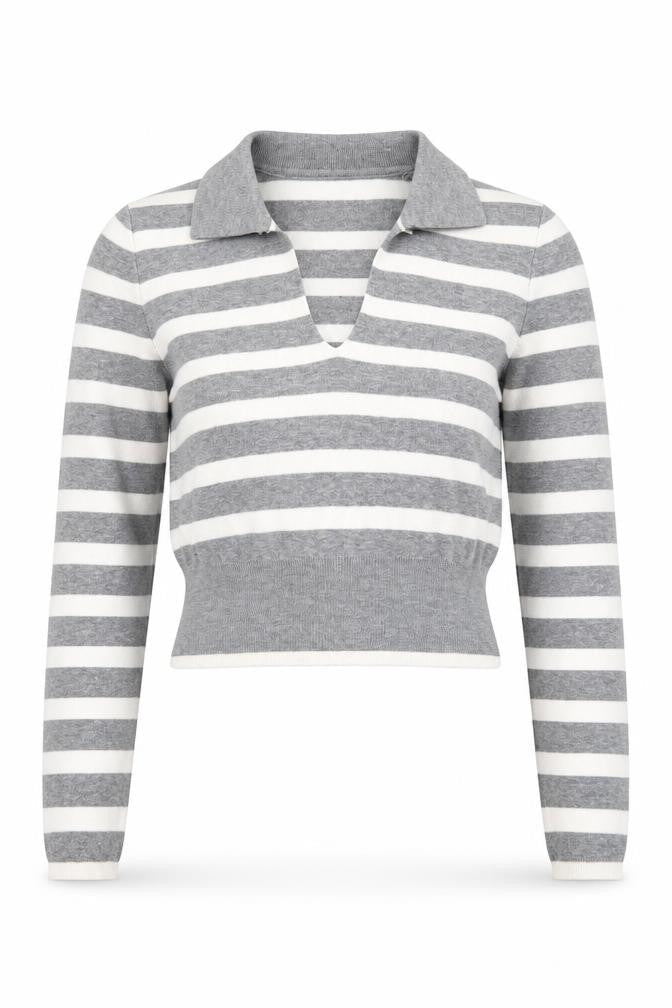 Bershka Women Grey Striped Collared Long Sleeve Pullover Jumper L