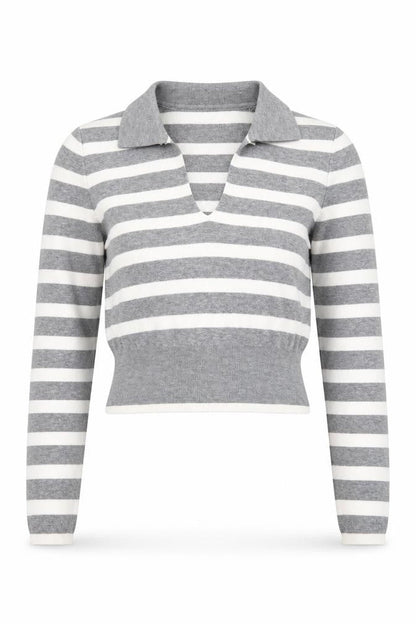 Bershka Women Grey Striped Collared Long Sleeve Pullover Jumper L