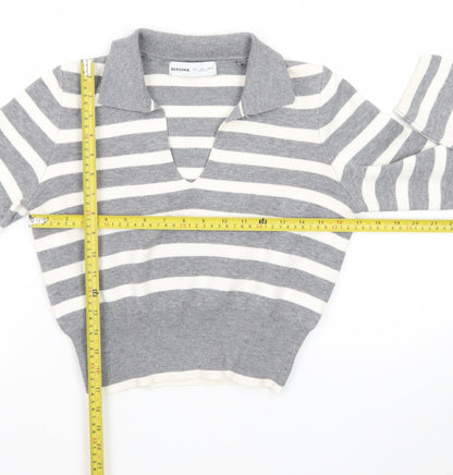 Bershka Women Grey Striped Collared Long Sleeve Pullover Jumper L