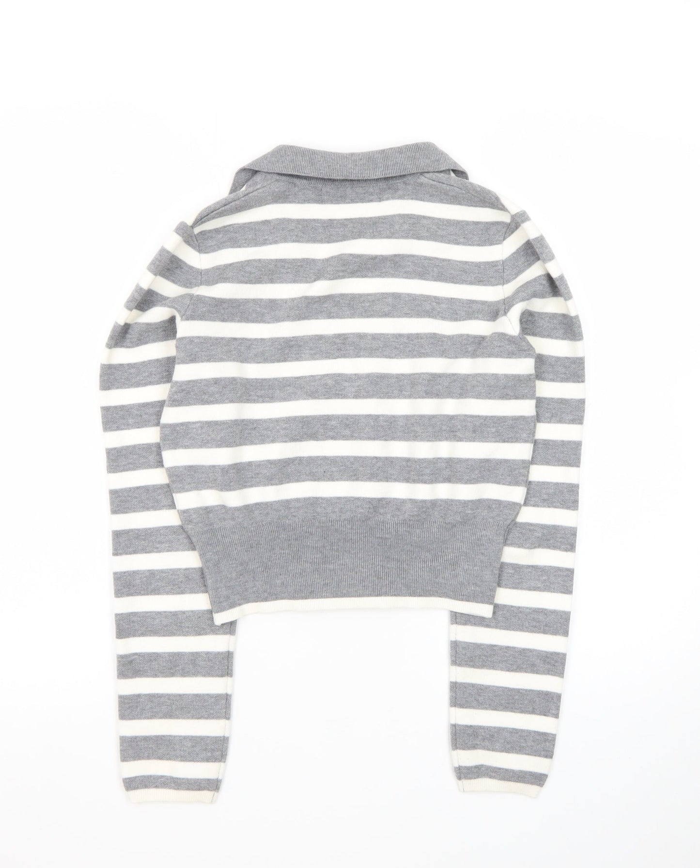 Bershka Women Grey Striped Collared Long Sleeve Pullover Jumper L