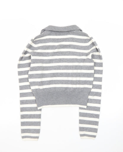 Bershka Women Grey Striped Collared Long Sleeve Pullover Jumper L