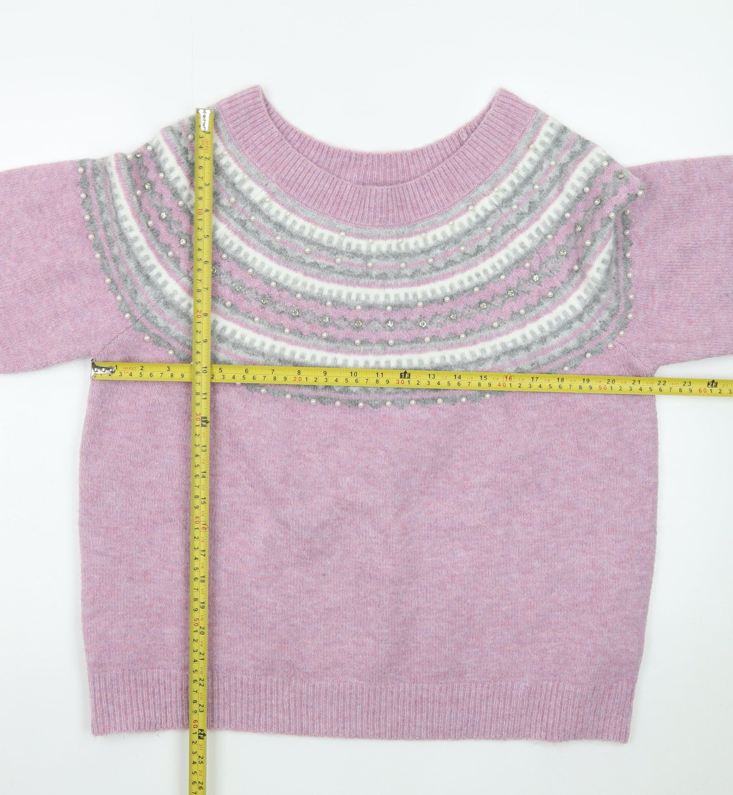 Roman Womens Pink Fair Isle Beaded Crew Neck Jumper Size 20