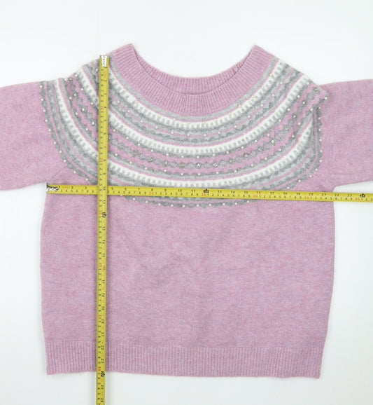 Roman Womens Pink Fair Isle Beaded Crew Neck Jumper Size 20