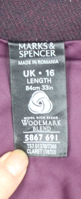 Marks and Spencer Women Claret Wool Blend A-Line Skirt Size 16
