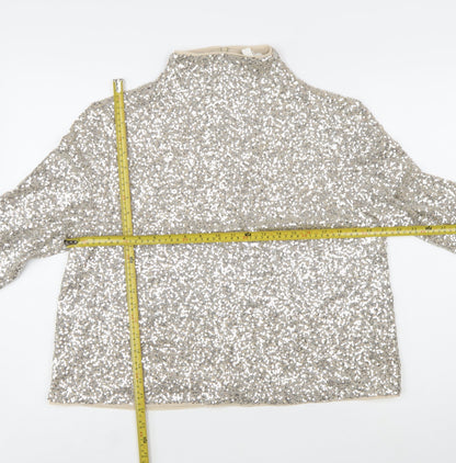 H&M Women Silver Sequin High Neck Long Sleeve Blouse Size 16