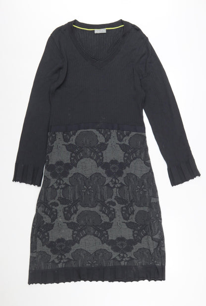 Marks and Spencer Per Una Women’s Black Knit Floral V-Neck Long Sleeve Dress Size 16