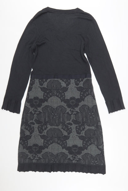 Marks and Spencer Per Una Women’s Black Knit Floral V-Neck Long Sleeve Dress Size 16