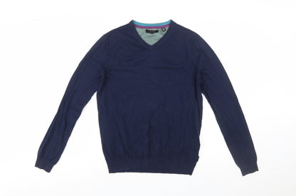 Ted Baker Men's Blue V-Neck Cotton Silk Blend Jumper M