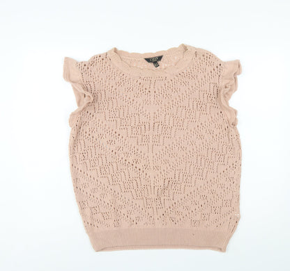 Lipsy Women’s Beige Open-Knit Ruffle Sleeveless Jumper UK 16