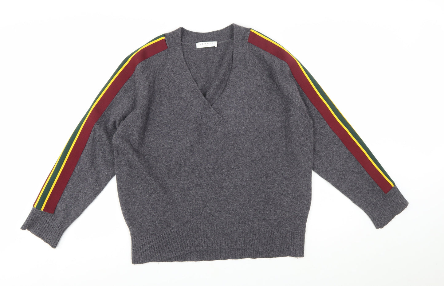 Sandro Women Grey Wool V-Neck Pullover Jumper Size L