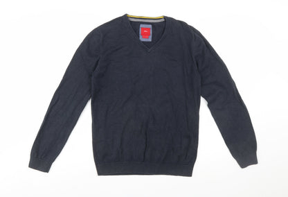 s.Oliver Men's Blue V-Neck Cotton Jumper Size S