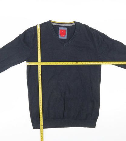 s.Oliver Men's Blue V-Neck Cotton Jumper Size S
