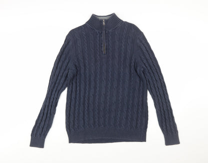 Lands' End Women's Blue Cotton Cable Knit Half Zip Jumper L