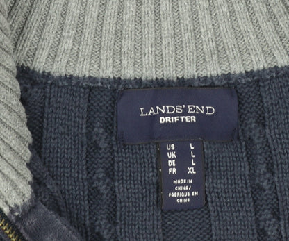 Lands' End Women's Blue Cotton Cable Knit Half Zip Jumper L