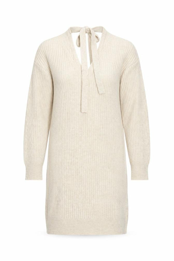 Front view of Miss Selfridge Women Beige Knit Jumper Dress, size 10, V-Neck Long Sleeve