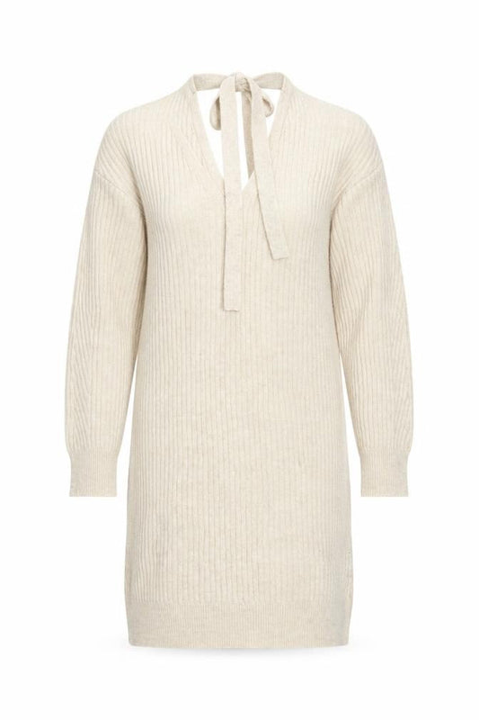 Front view of Miss Selfridge Women Beige Knit Jumper Dress, size 10, V-Neck Long Sleeve