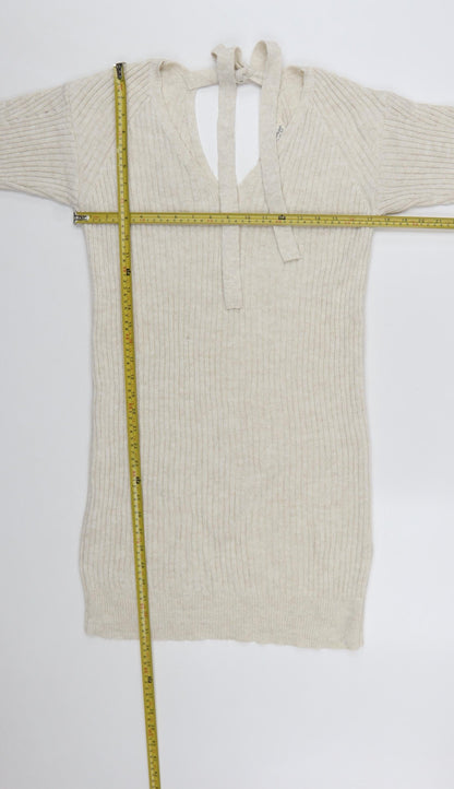 Miss Selfridge Women Beige Knit Jumper Dress Size 10 V-Neck Long Sleeve