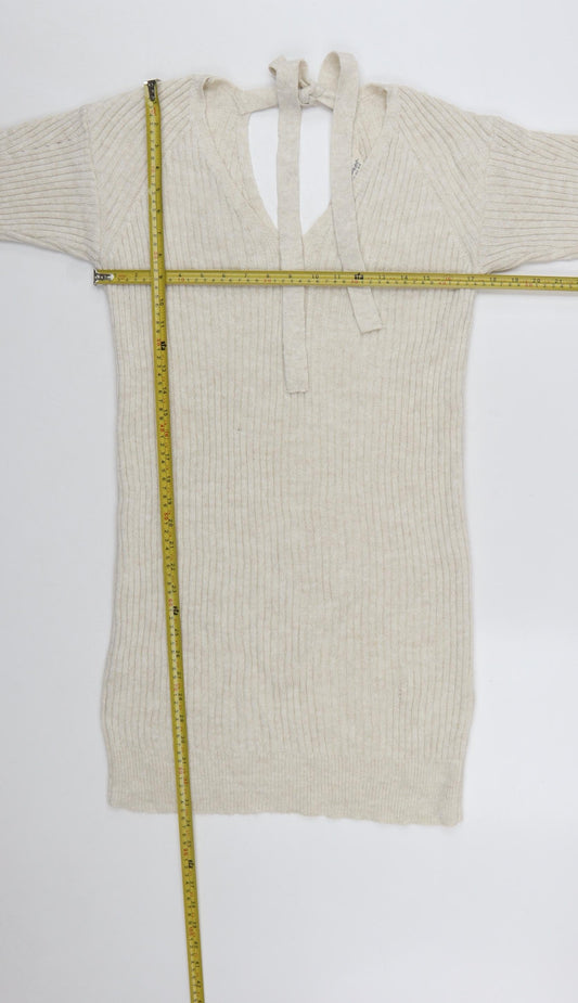 Miss Selfridge Women Beige Knit Jumper Dress Size 10 V-Neck Long Sleeve