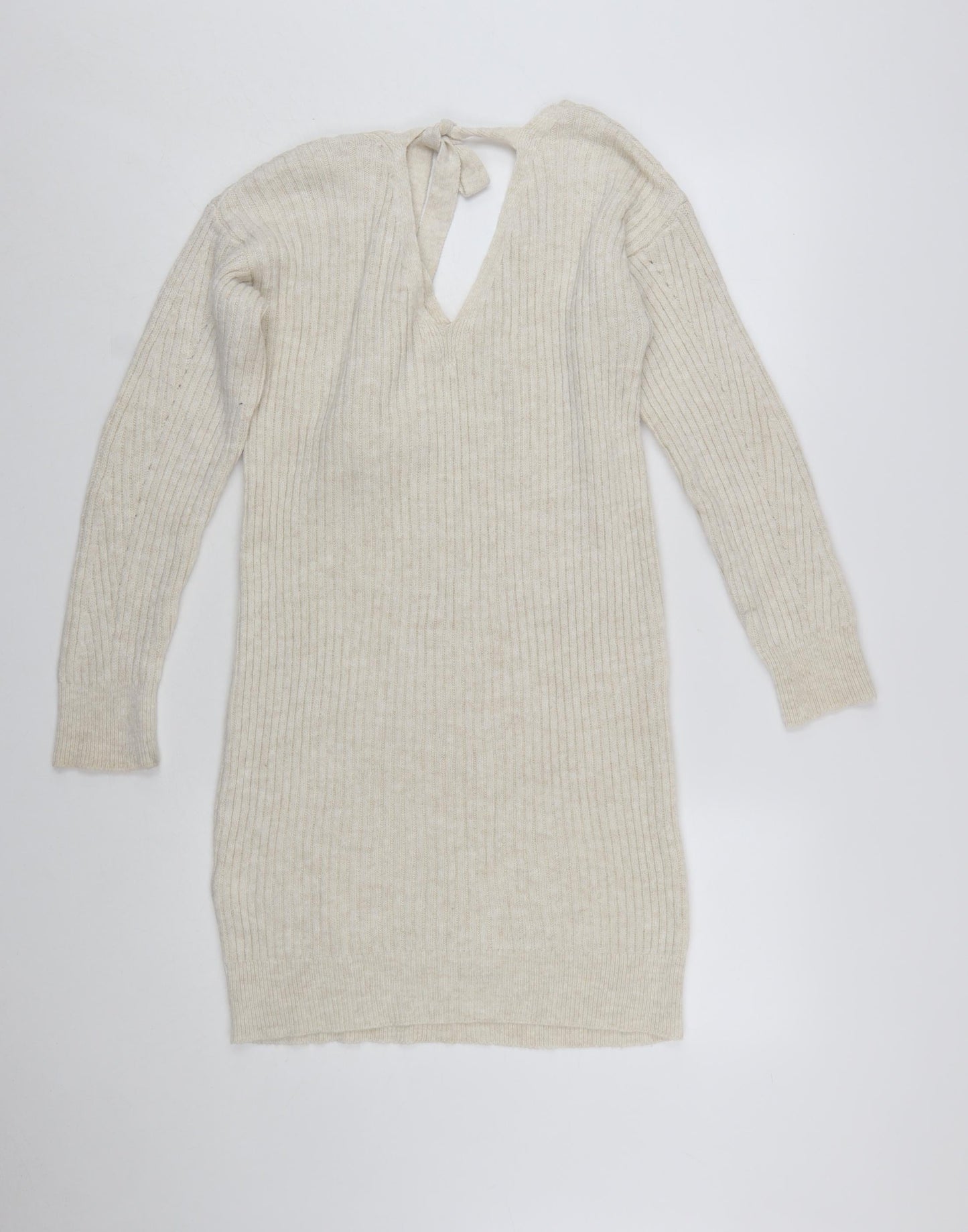 Miss Selfridge Women Beige Knit Jumper Dress Size 10 V-Neck Long Sleeve